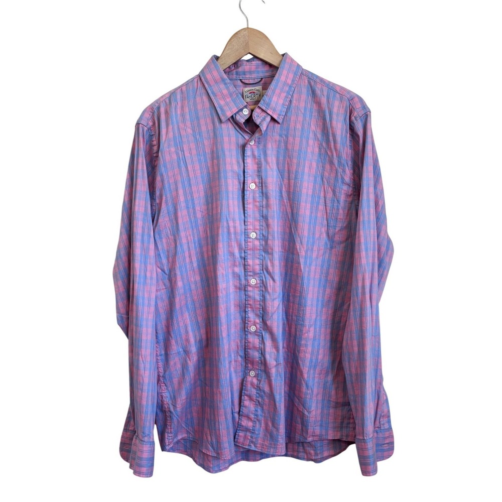 Faherty Mens Movement Shirt Size L Blue‎ Plaid Long Sleeve Button Supima Cotton